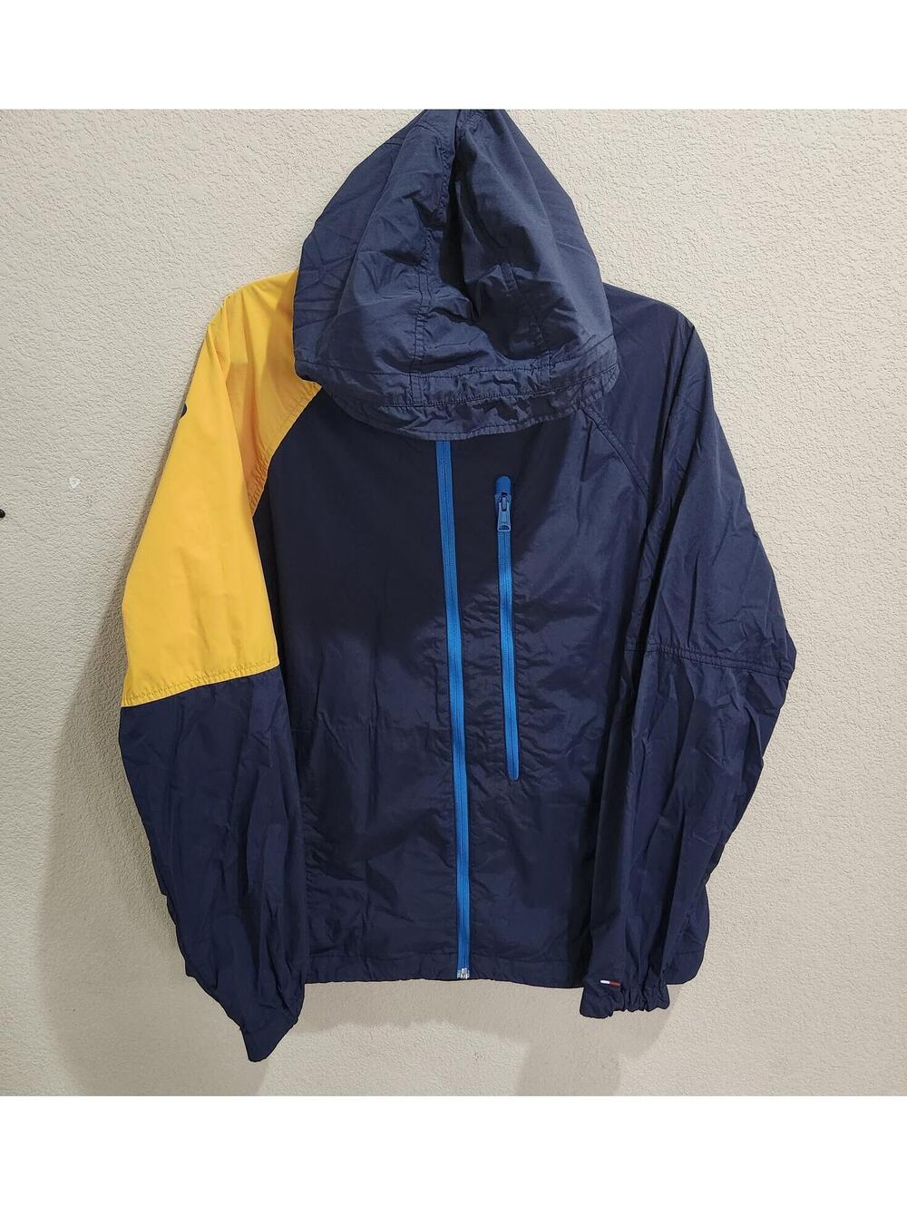 Y2K Tommy Hilfiger Denim Men's Navy Full Zip Windbreaker Hooded Jacket Medium
